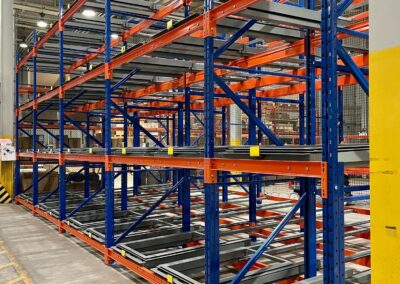Pushback racking system installed in a warehouse