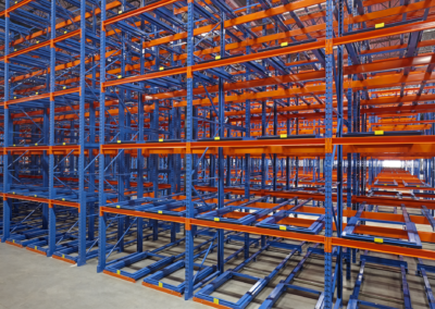 Rows of pushback racking in a warehouse application